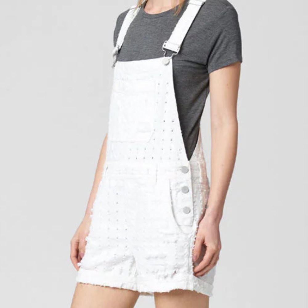 Blank NYC Eyelet Distressed Overall White Denim Eyes on you Shortall Shorts - Picture 2 of 10
